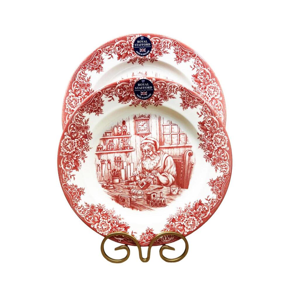2 Royal Stafford Santa’s Workshop Dinner Plates Red Christmas NEW FS
